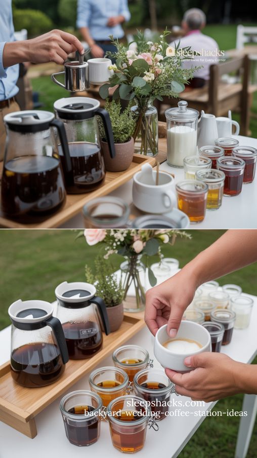 Coffee and Tea Dual Station Backyard Wedding Setup with Glass Jars, Floral Accents, and Organized Beverage Options