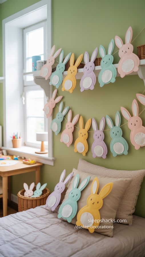 Colorful DIY Easter Bunny Garland in Kids Bedroom