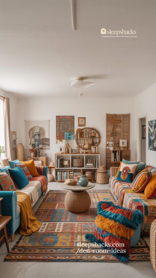 Colorful Eclectic Den with Bold Patterns and Personal Touches