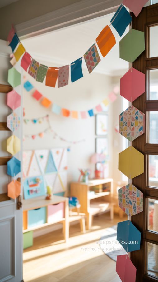 Colorful Geometric Paper Garland Decorating a Modern Playful Living Space