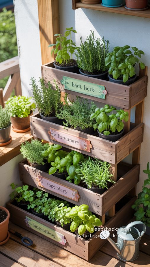 Compact Tiered Wooden Herb Planter with Vibrant Green Herbs
