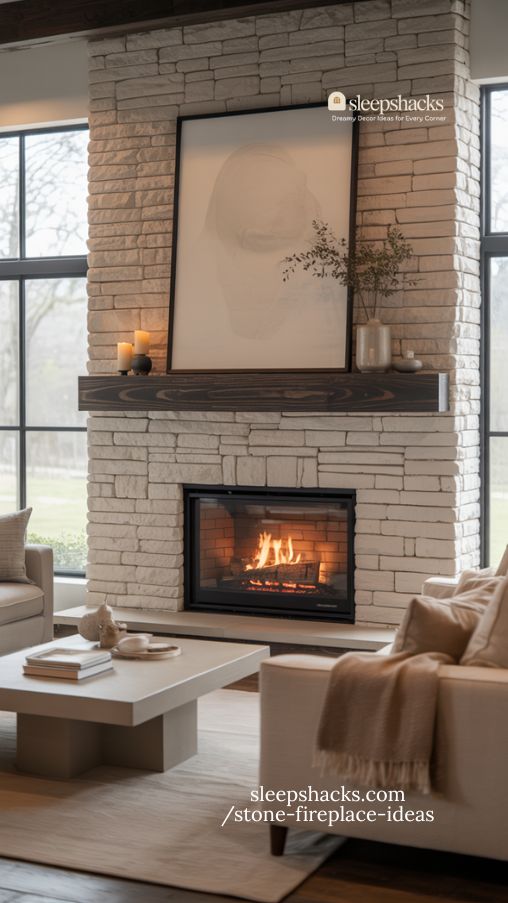 Contrasting Mantel Stone Fireplace Ideas for Striking Living Rooms