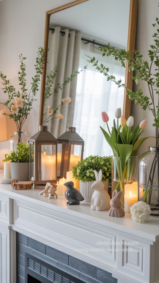 Core Elements of Spring Mantle Decor | Flowers, Candles, and Whimsical Figurines