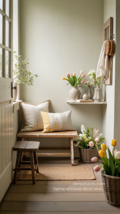 Country Cottage Spring Entryway with Wooden Bench and Florals