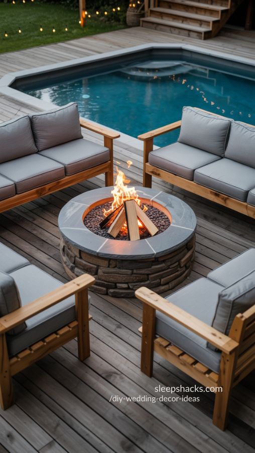 Cozy Backyard Pool with Outdoor Fire Feature