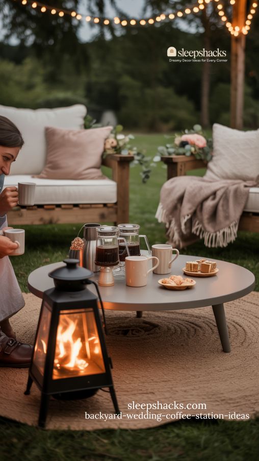 Cozy Backyard Wedding Coffee Corner with Lanterns, Fireplace, and Comfortable Seating