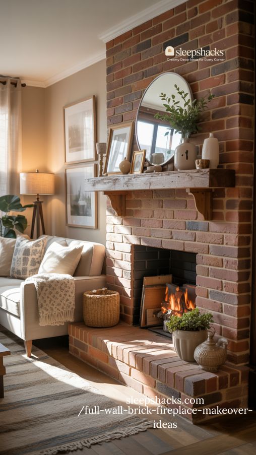 Cozy Cottage Style Brick Fireplace Makeover with Layered Decor