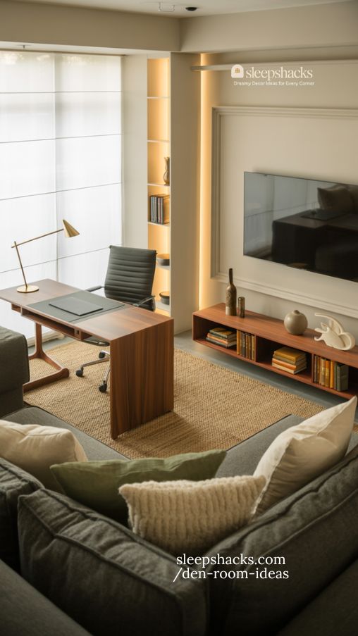 Create a large, ultra-detailed photorealistic interior image of a multi-zone den designed for work, lounging, and media use. The space should feel cohesive, functional, and inviting despite having distinct zones.Work Zone: Include a sleek desk with an ergonomic chair and a table lamp. Keep the area organized with minimal decor and neutral tones.Lounge Zone: Feature a comfortable sectional sofa layered with textured throws and pillows. Add a soft area rug to define the seating space and create warmth underfoot.Media Zone: Include a wall-mounted TV or a low media console, with shelving for books or decorative items. Use concealed storage and soft ambient lighting to keep the space tidy and cozy.Use subtle visual dividers like rugs, shelving, or furniture placement to separate zones while maintaining flow. Neutral wall colors with warm accents unify the room. Natural light from windows or soft layered artificial lighting enhances textures and makes the den feel welcoming.Photography style: eye-level perspective, 35mm lens effect, shallow depth of field, warm natural lighting, highly detailed textures, editorial interior photography, Pinterest vertical 2:3 ratio composition.Design focus
Divide zones with rugs, furniture, or shelving
Use versatile furniture to maximize functionality
Layer textiles and lighting for warmth and comfort