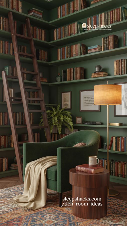 Cozy Home Library Den with Floor to Ceiling Bookshelves