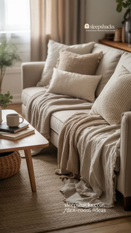 Cozy Neutral Den With Layered Throws and Soft Textures