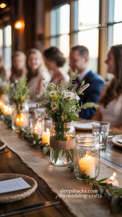 Cozy Rustic Mason Jar Wedding Centerpieces with Warm Fairy Lights