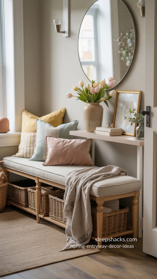 Cozy Spring Entryway Bench with Soft Pastel Accents