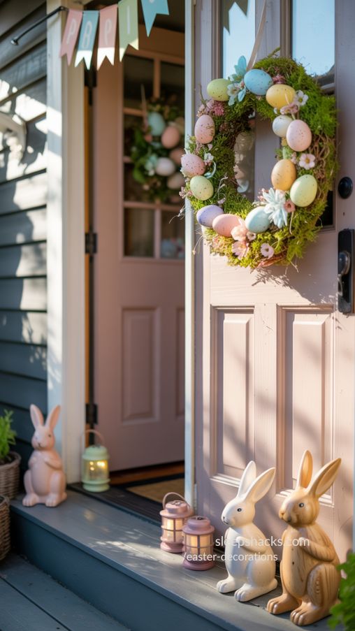 Creative Easter Front Door with Wreath, Bunny Accents, and Pastel Banner