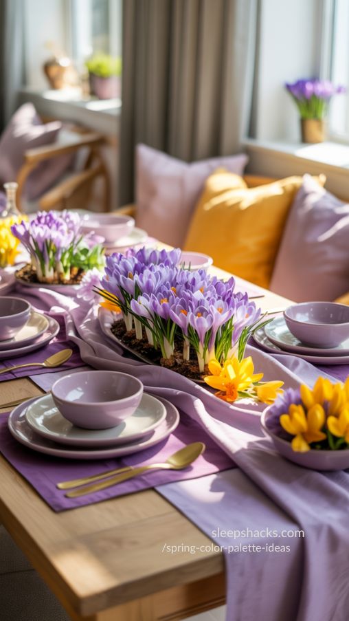 Crocus Blooms Soft Purples with Sunny Highlights