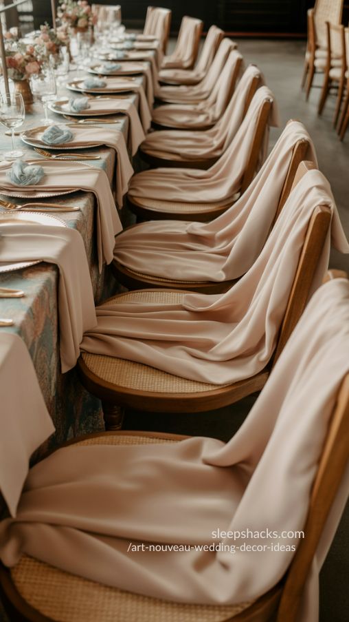Curved Chairs and Flowing Linens for Elegant Art Nouveau Wedding Reception