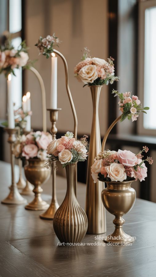 Curved vintage brass vases and gilded urns with soft floral clusters, styled for wedding ceremony and reception tables