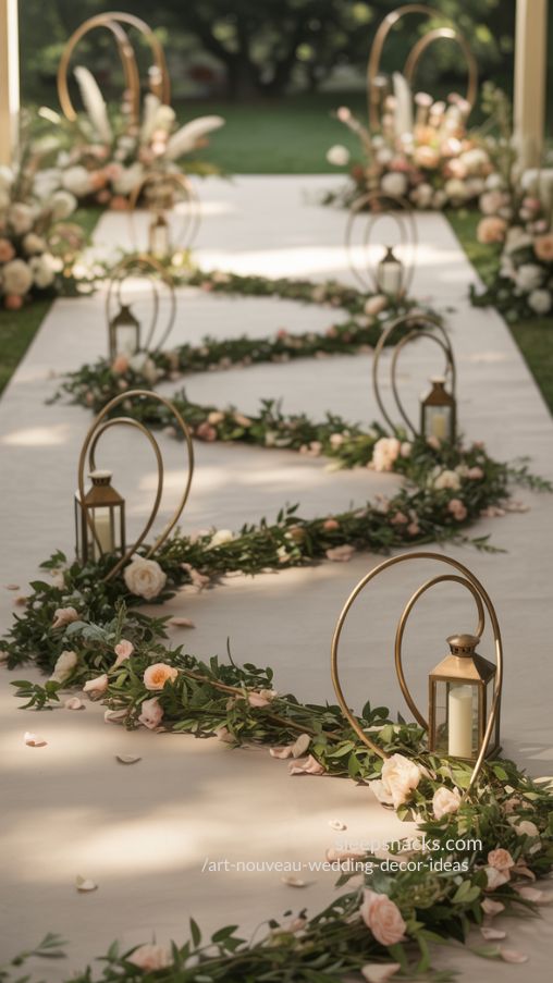 Curvy Art Nouveau Ceremony Aisle Decor with Flowing Florals and Brass Lanterns