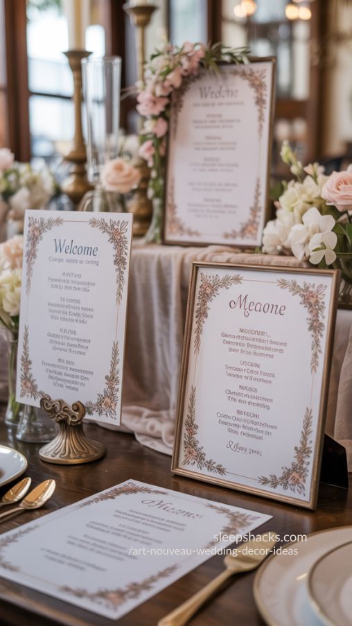 Custom Art Nouveau Wedding Signage with Floral Borders and Gold Accents