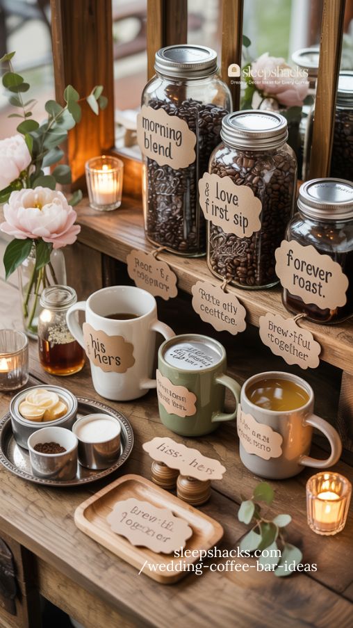 DIY Labeled Wedding Coffee Bar Ideas