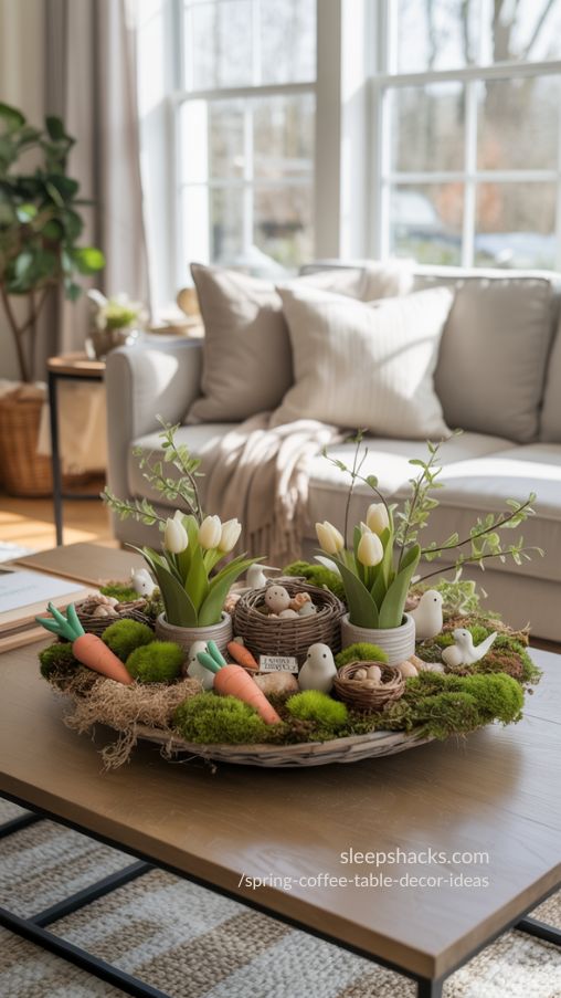 DIY Spring Centerpieces with Moss and Natural Accents – Cozy Coffee Table Styling