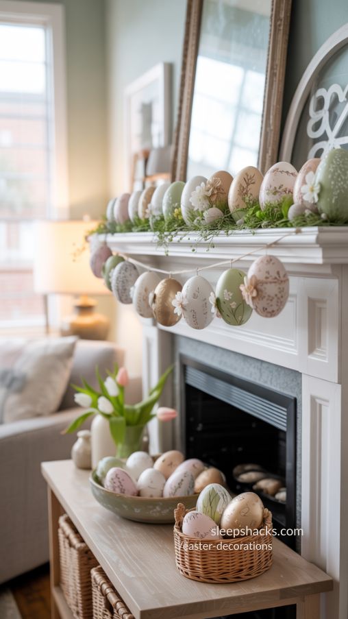DIY Textured Easter Egg Crafts Styled on Spring Mantel