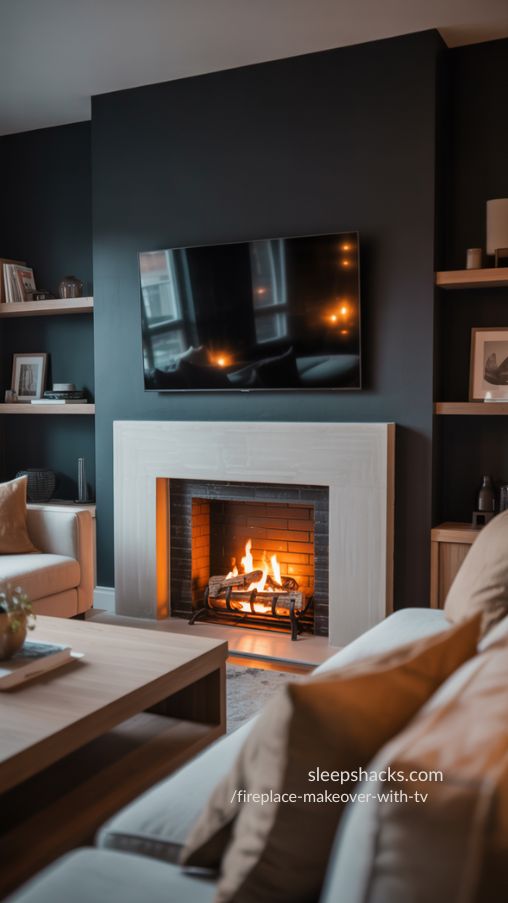 Dark Accent Wall Fireplace Makeover With TV – Dramatic & Cozy Living Room