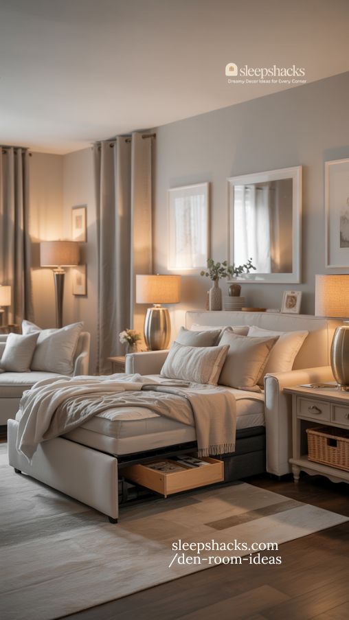 Den Guest Bedroom Hybrid with Pull-Out Sofa and Hidden Storage
