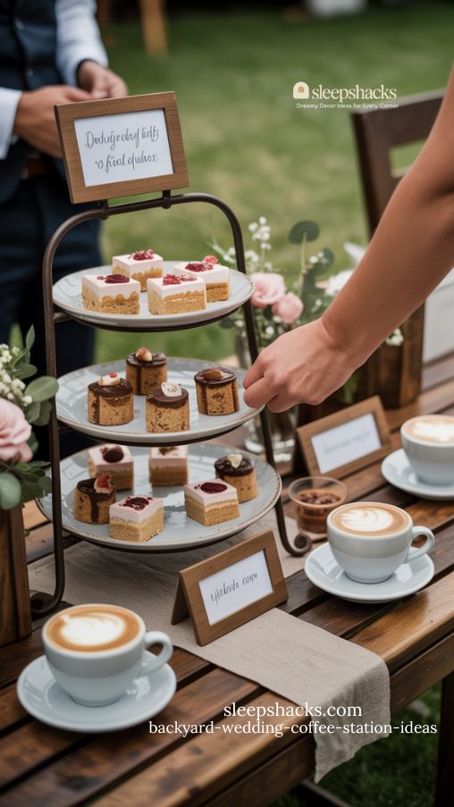 Dessert Pairing Flight Table for Backyard Wedding Coffee Station with Tiered Displays and Labeled Treats