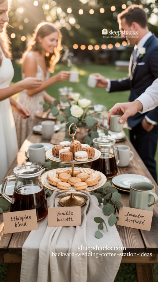 Dessert and Coffee Pairing Table for Backyard Wedding with Labeled Treats and Cozy Decor