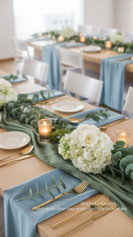 Dreamy Dusty Blue and Sage Green Wedding Table Settings