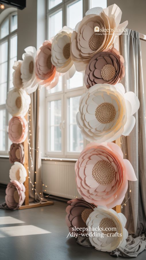 Dreamy Paper Flower Wedding Backdrop with Soft Romantic Lighting