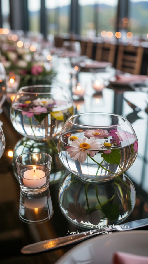 Dreamy wedding tables with floating flower terrariums, candles, and seasonal blooms in clear glass bowls