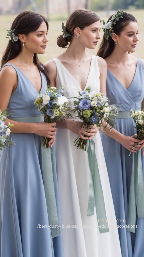 Dusty Blue Bridesmaid Dresses with Sage Green Accessories