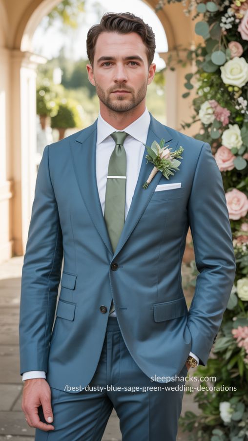 Dusty Blue Groom Attire with Sage Green Details