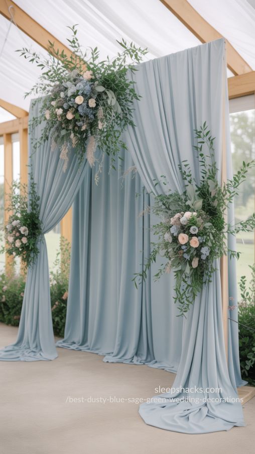 Dusty Blue Wedding Ceremony Backdrop with Sage Green Accents