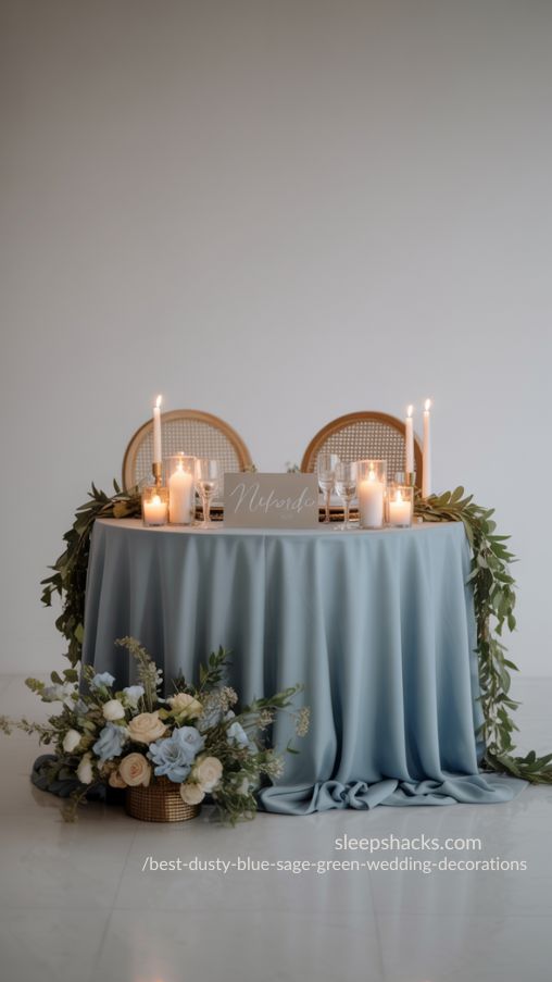 Dusty Blue and Sage Green Sweetheart Table Decor