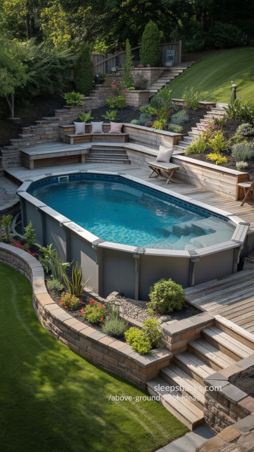 Dynamic Sloped Yard Pool with Terraced Decks and Retaining Walls