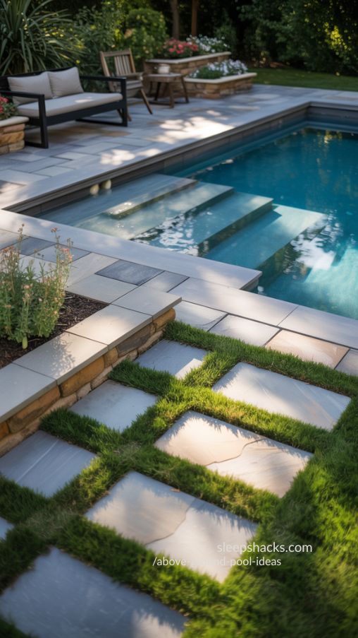 Photograph an above-ground pool installed on a sloped backyard, featuring terraced decks and retaining walls that double as seating. Use layered decks to create visual depth and distinct zones for lounging, dining, or socializing. Integrate plants, shrubs, or small flower beds along terraces to soften edges and add natural beauty. Incorporate pavers or stone accents to enhance structure while maintaining flow. Capture photorealistic textures of wood, stone, water, and foliage, with sunlight highlighting shadows across the tiers. Emphasize how a sloped yard can become a dynamic, visually stunning, and inviting backyard pool area perfect for Pinterest inspiration. Keywords/Focus: pool on sloped yard, terraced backyard pool, multi-level pool design