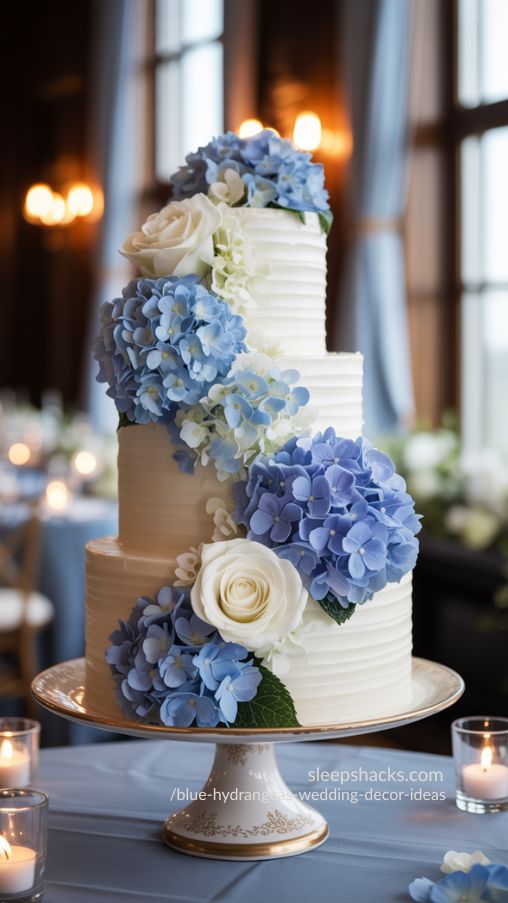 Elegant Blue Hydrangea Cascading Wedding Cake Inspiration