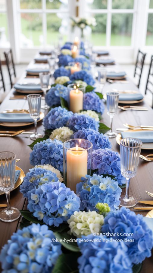 Elegant Blue Hydrangea Table Runner Wedding Inspiration