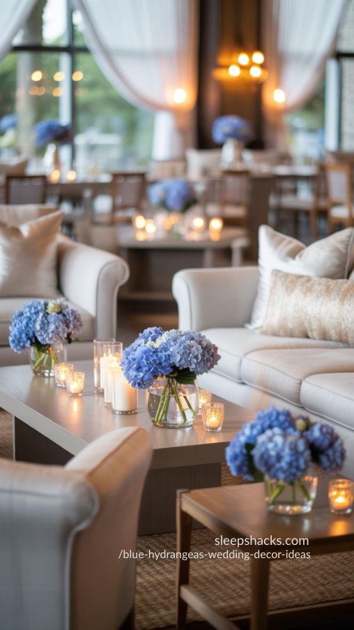 Elegant Blue Hydrangea Wedding Lounge and Photo Area Inspiration