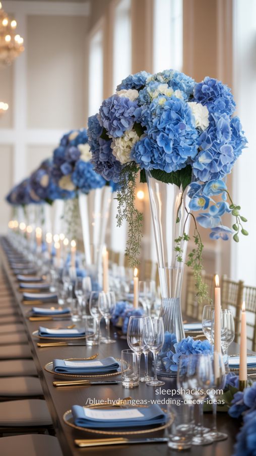 Elegant Blue Hydrangea Wedding Table Centerpiece Inspiration
