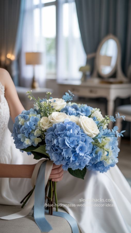 Photorealistic bridal bouquet scene featuring dreamy cascading blue hydrangea bouquet with soft white roses and delicate greenery, styled in a bright elegant bridal suite. Natural window light streaming through sheer curtains, illuminating lush sky blue and dusty blue hydrangea blooms with realistic texture and petal detail. Bouquet tied with muted silk ribbon in soft ivory and powder blue tones, gently cascading over bride’s hands. Background softly blurred with neutral decor, vintage vanity table, and subtle wedding details. Ultra detailed, high resolution, shallow depth of field, 85mm lens, soft romantic color grading, editorial wedding photography, natural light, airy aesthetic, Pinterest trending wedding style.Keywords Focus: Blue Hydrangeas Wedding Decor Ideas, romantic cascading bouquet, dreamy blue bridal flowers
