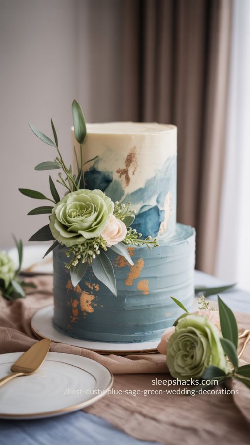 Elegant Dusty Blue Wedding Cake with Sage Green Accents
