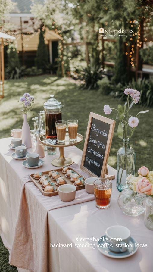 Elegant Pastel Garden Coffee Bar for Backyard Wedding with Signature Drinks