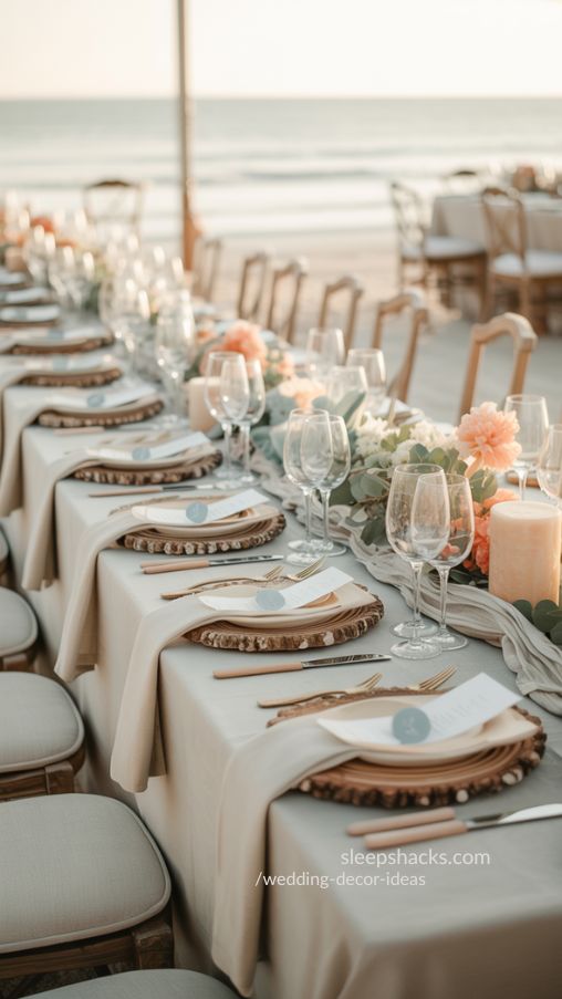 Elegant beach wedding reception with coastal neutral table decor, driftwood accents, and soft pastel flowers