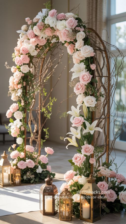 Enchanting Floral Arch Wedding Inspiration with Soft Blooms and Vintage Lanterns