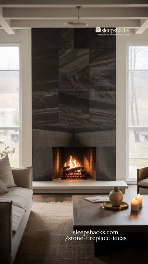 Eye-Catching Color Contrast Stone Fireplace Ideas for Dramatic Living Rooms