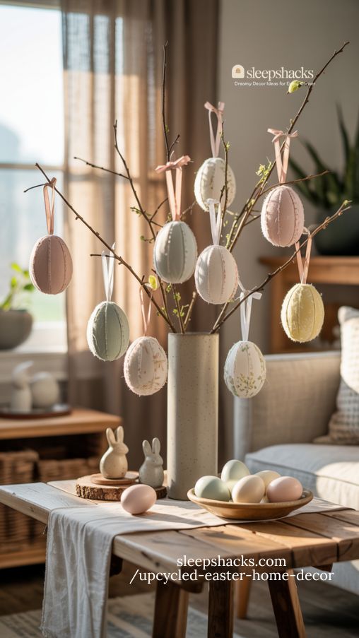 Fabric Egg Ornaments Hanging on Branches for Spring Decor