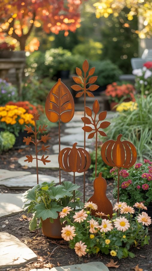 Fall-Themed Rusty Metal Garden Stakes for Cozy Outdoor Decor
